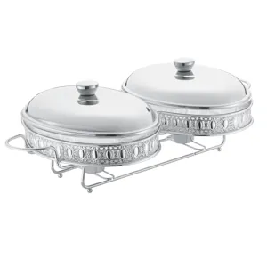 Double chafing dish buffet warmer with glass bowl silver metal stand and lids for catering