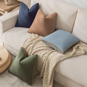 Wabi-Sabi-Stil Einfarbig Baumwolle Leinen Kissenbezug Mit Wellenband-Einfassung Dekorativer Kissenbezug Für Sofa Schlafzimmer Heimdekoration Ohne Füllung