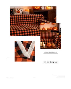 Vista detallada de la funda de sofá a cuadros naranja y negro con elegantes flecos blancos
