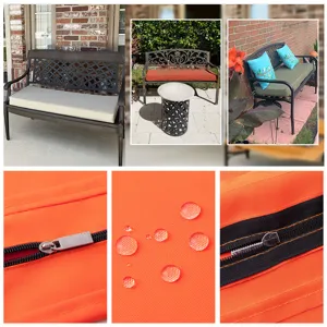 Detalle de funda de cojín impermeable para banco de jardín con cremallera duradera