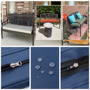 Vista detallada de funda de cojín impermeable para banco exterior con cremallera.