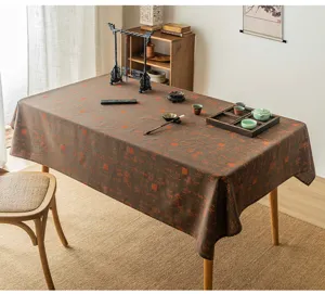 Trama dettagliata della tovaglia in lino marrone scuro con calligrafia cinese vintage