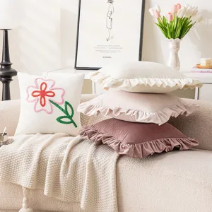 Ins Style Polyester Ruffle Pillowcase Decorative Throw Cushion Cover Solid Color Pink Cream Mauve Floral Embroidery Pillow Case For Sofa Home Decor
