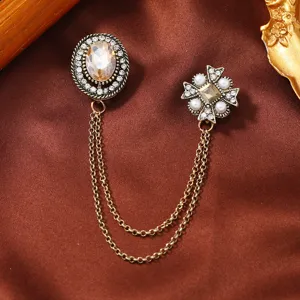 Elegant vintage gold tassel chain brooch with amber gemstone and white pearls for suits