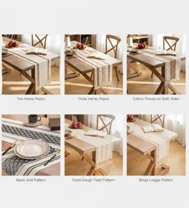 Various bohemian woven table runners with tassels and different textured patterns