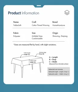 Detail view showing woven table runner product specifications and measurement guide instructions.