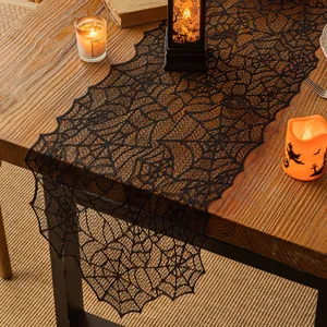 Halloween Black Lace Table Runner Spiderweb Bat Pattern Gothic Party Decor American Style Polyester Tassel Desk Cloth