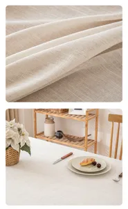 Detailed close-up of beige faux linen tablecloth texture and lifestyle dining scene set.