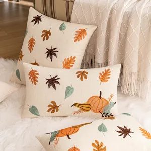 Autumn Maple Leaf Pumpkin Embroidery Throw Pillow Cover Decorative Thanksgiving Halloween Polyester Cushion Case For Sofa Living Room