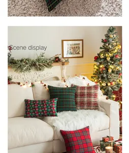 Cozy holiday scene featuring Christmas plaid pillow covers on a sofa with tree lights