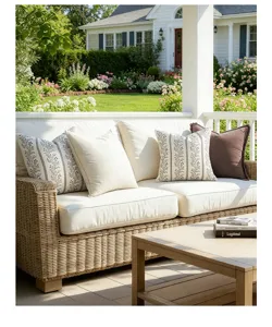 Lifestyle detail of vintage floral and plain cushion covers on a patio wicker sofa.