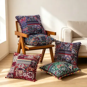 Bohemian Ethnic Vintage Jacquard Pillow Case Decorative Cushion Cover With Tassels Pom Poms For Sofa Home Decor Hotel