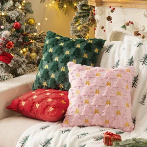 Christmas Tree Bow Embroidery Plush Pillowcase Soft Decorative Cushion Cover For Sofa Living Room Holiday Home Decor