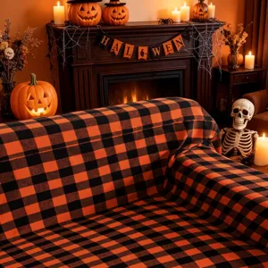 Funda de sofá de cuadros naranjas y negros para decoración festiva de Halloween