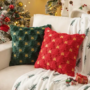 Festive red and green plush throw pillow covers with embroidered Christmas trees and bows