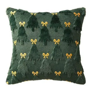 Dark green plush throw pillow cover with embroidered Christmas trees and yellow bows for decor