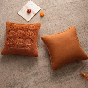 Herbstlicher Kissenbezug aus Plüsch mit Kürbis-Stickerei und Hello Pumpkin Design
