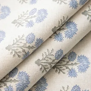 Vintage floral faux linen pillowcase featuring a detailed blue flower print on textured fabric