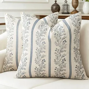 Elegant vintage floral and striped faux linen cushion covers for sofa decoration