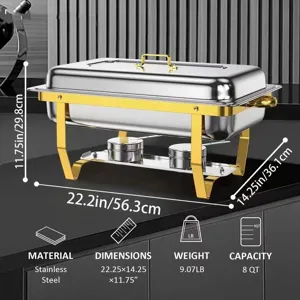 8QT stainless steel rectangular chafing dish with gold legs and dimensions shown