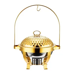 Round gold chafing dish buffet stove stainless steel food warmer with alcohol burner and hanging frame