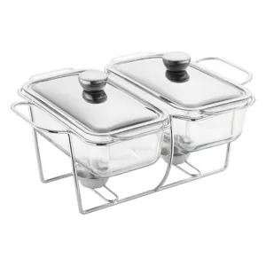 Chafing Dish Rectangulaire Double en Verre Serveur de Buffet Avec Chauffage à l'Alcool Support en Acier Inoxydable Chauffe-Plats pour Banquet Mariage Fête