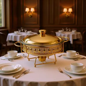 Luxurious 2.0L golden circular glass chafing dish for buffet and restaurant service