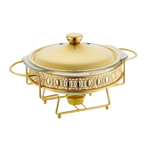 Elegant 2.0L gold round glass chafing dish for buffet catering and constant temperature warming.