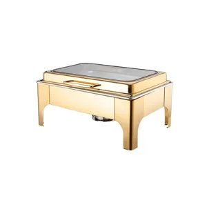Elegant rectangular gold stainless steel buffet chafing dish with glass window lid