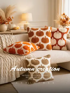 Gemütliche Herbst-Kissenbezüge mit Kürbismuster auf einem Sofa bei warmem Licht.