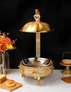 Calentador de buffet de acero inoxidable dorado con tapa giratoria para hostelería.