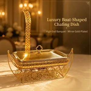 Luxury gold boat-shaped buffet chafing dish with ornate engraved stand for elegant banquets