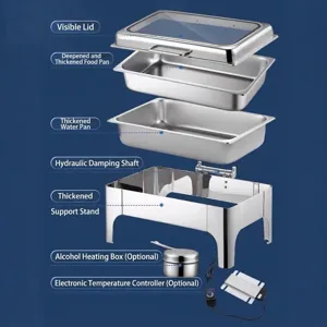 Stainless steel chafing dish set with visible glass lid and electric heating options