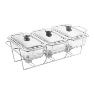 Detail view of the triple glass chafing dish with metal stand and clear glass covers.