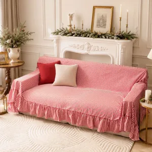 Red Gingham Checkered Sofa Cover With Ruffle Edge Dopamine Style Non-Slip Dustproof Sofa Towel For Living Room Home Decor