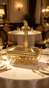 Luxury golden European-style chafing dish with ornate floral base in restaurant