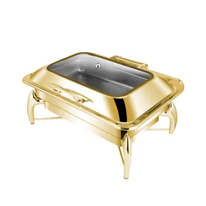 Gold rectangular stainless steel chafing dish with hydraulic glass lid and visual window