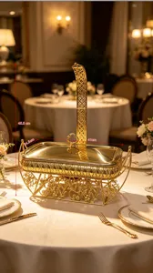 Ornate golden buffet server with dimension labels for professional luxury dining events