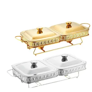 Roestvrijstalen dubbele vierkante chafing dish buffet voedselwarmer met standaard voor restaurant.