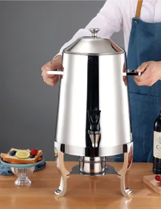 Stainless steel beverage dispenser detail, commercial buffet juice and milk urn with warmer.