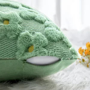 Green plush throw pillow cover with textured floral pattern and hidden zipper