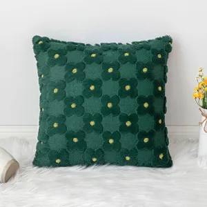 Luxury dark green plush square throw pillow cover with yellow tufted flower patterns