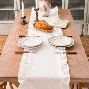 Chemin de Table Vintage Français Polyester Lin Minimaliste Nordique Bord à Volants Plissé Blanc Caramel pour Salle à Manger Maison