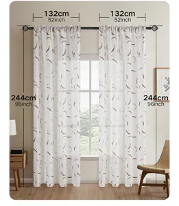 Japanese Wabi-sabi style sheer white curtains with crescent print, 52x96 inch panels