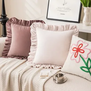 Ins style velvet throw pillow covers with elegant ruffled edges for sofa decor
