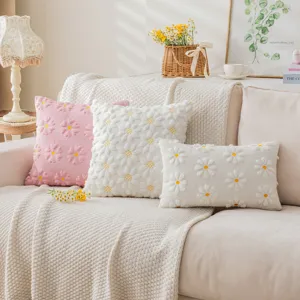 Cream Style Embroidered Plush Pillow Cover Soft PV Velvet Sunflower Bow Cushion Case For Sofa Living Room Home Decor