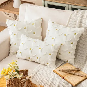 Ins Stil Mond und Sterne Plüsch Kissenbezug Weich Bestickte Kissenhülle Für Sofa Wohnzimmer Deko Ohne Füllung