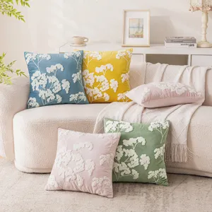 Floral daisy embroidered velvet cushion covers in vibrant summer colors for living room sofa