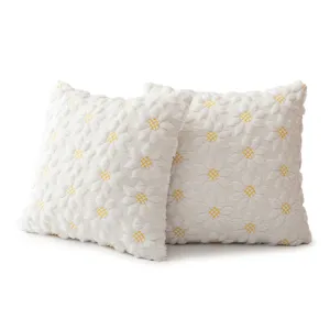 Sweet cream style white plush throw pillow covers with yellow embroidered daisy