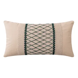 Bohemian woven cotton lumbar pillow cover with decorative dark green diamond embroidery